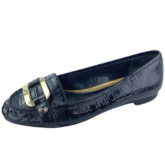 Ralph Lauren Women's Black Gold Logo Croc Leather Chain Slip On Loafers Shoes 6M - Picture 1 of 6